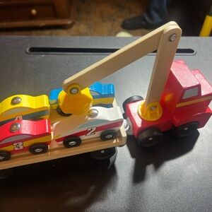 Melissa and Doug Wooden Toy Car Set with Crane - Red, Yellow, Blue